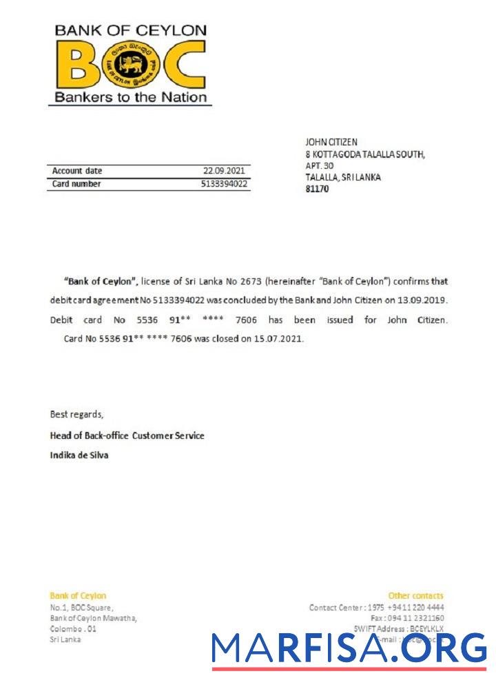 Printable Sri Lanka BOC closure reference example